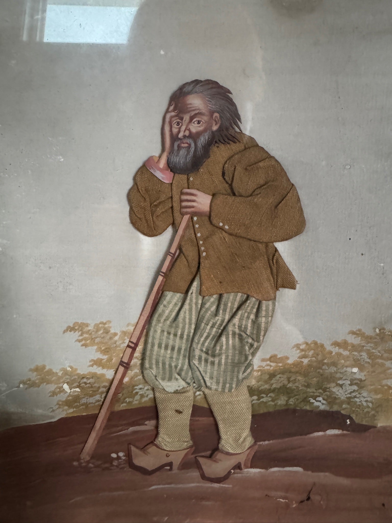 Paire de peintures à l'huile françaises du XVIIIe siècle avec figures en appliques textiles