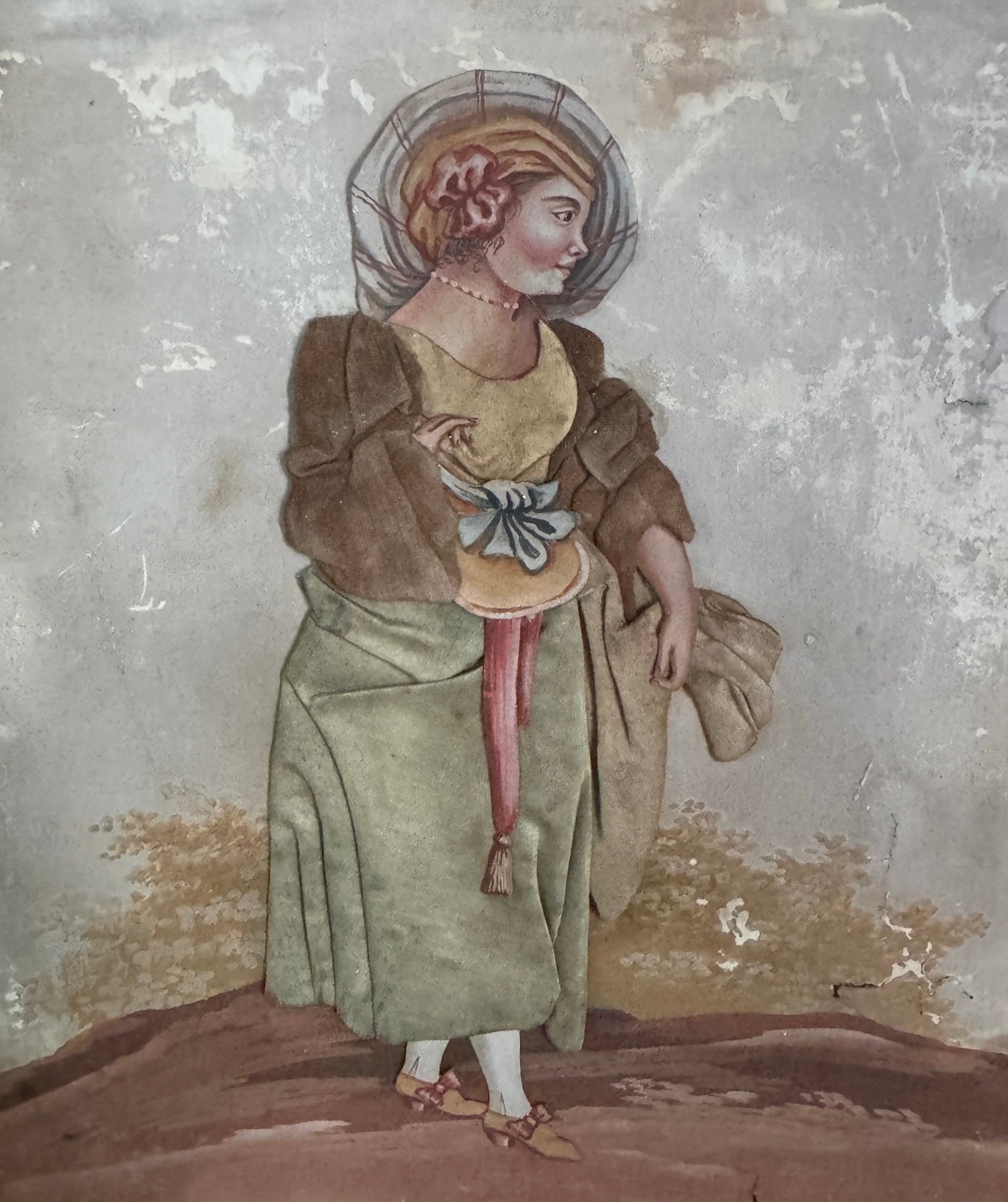 Paire de peintures à l'huile françaises du XVIIIe siècle avec figures en appliques textiles