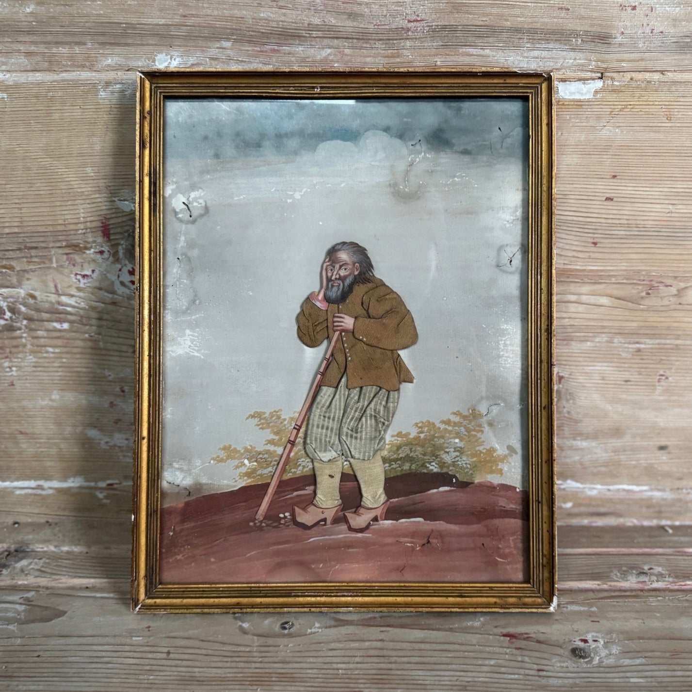 Paire de peintures à l'huile françaises du XVIIIe siècle avec figures en appliques textiles