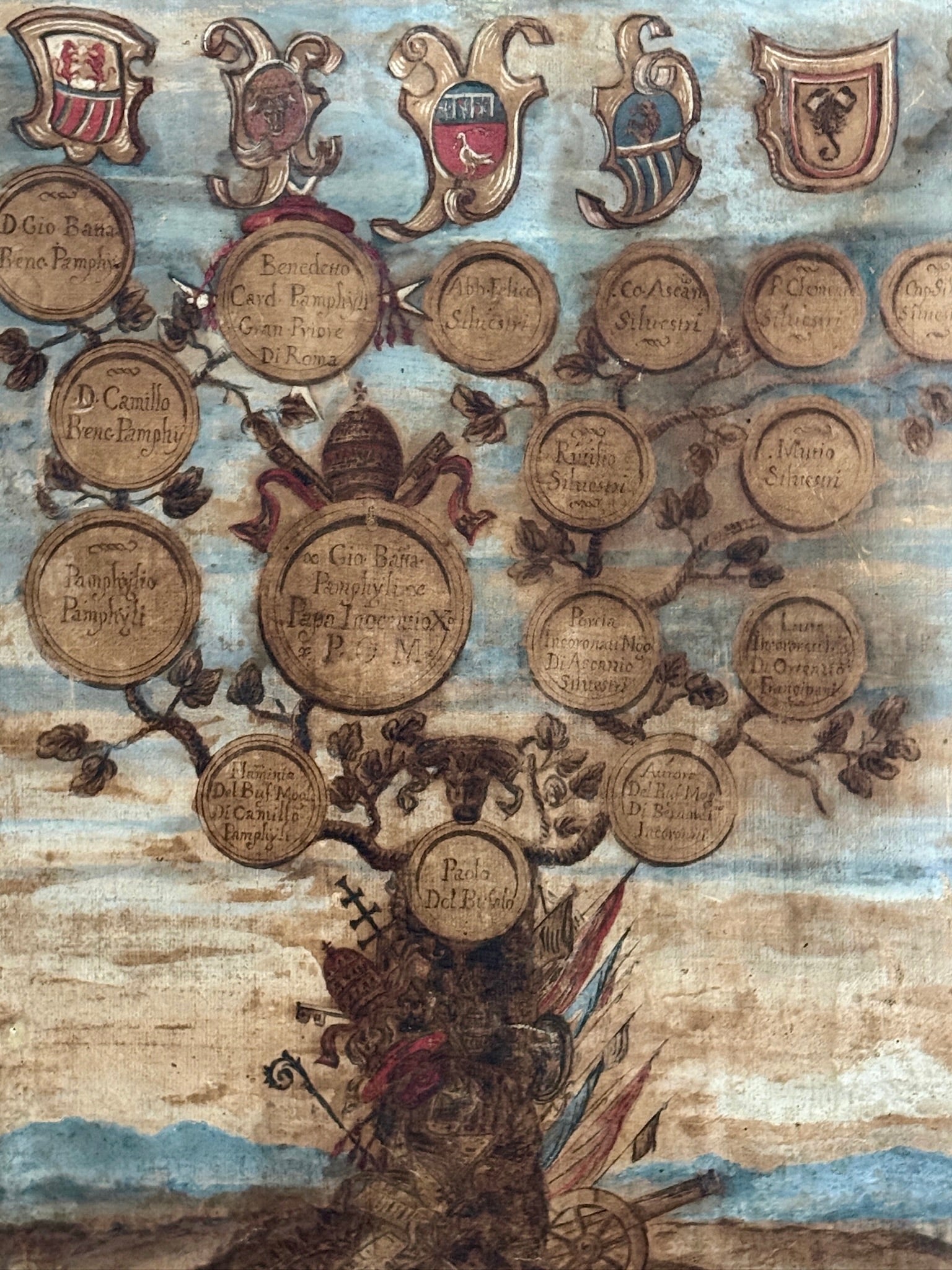 Paire d'arbres généalogiques peints à la main avec armoiries du XVIIIe siècle