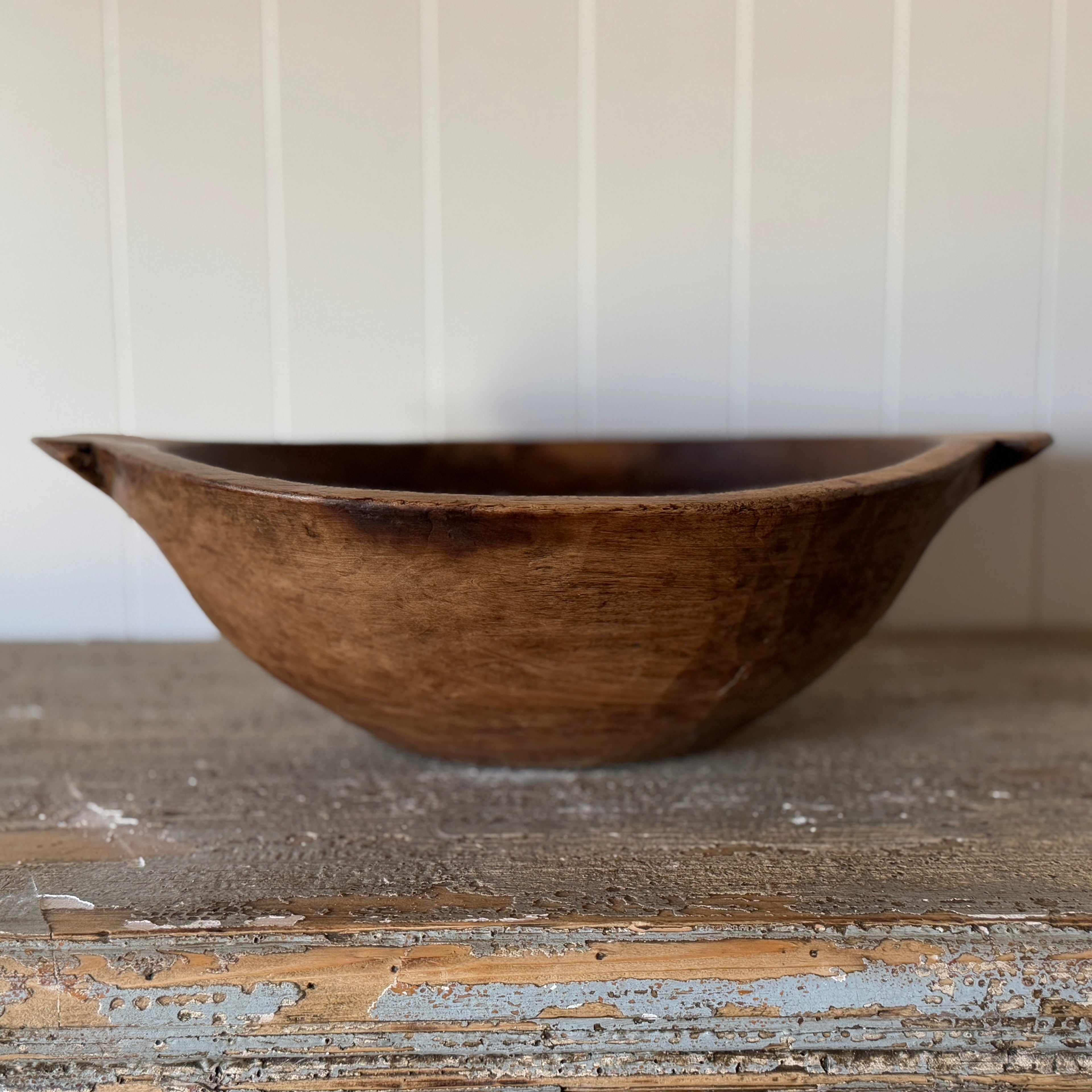 Bol à pâte en bois français antique avec poignées