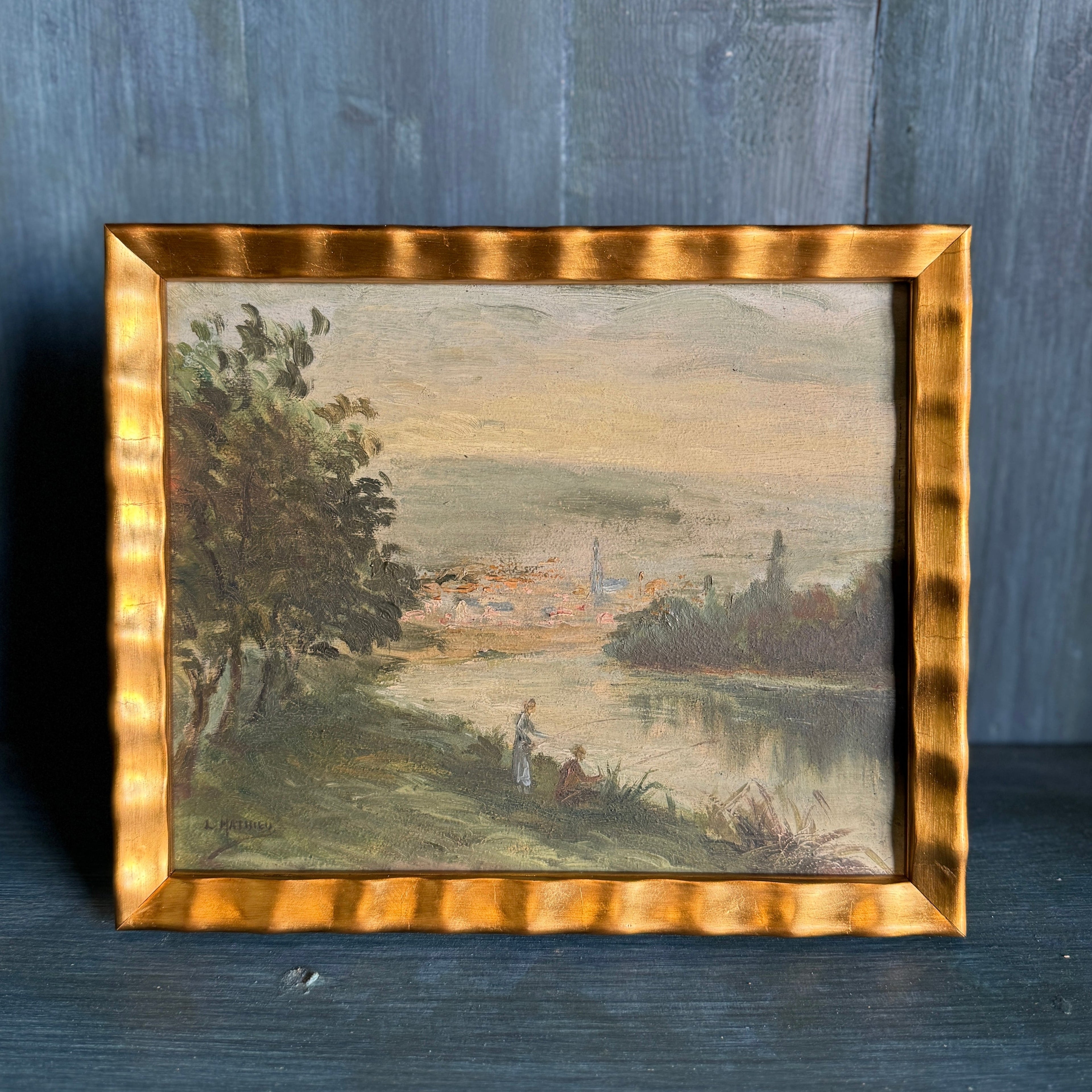 Peinture de paysage de pêche antique 9,75 H x 12 L