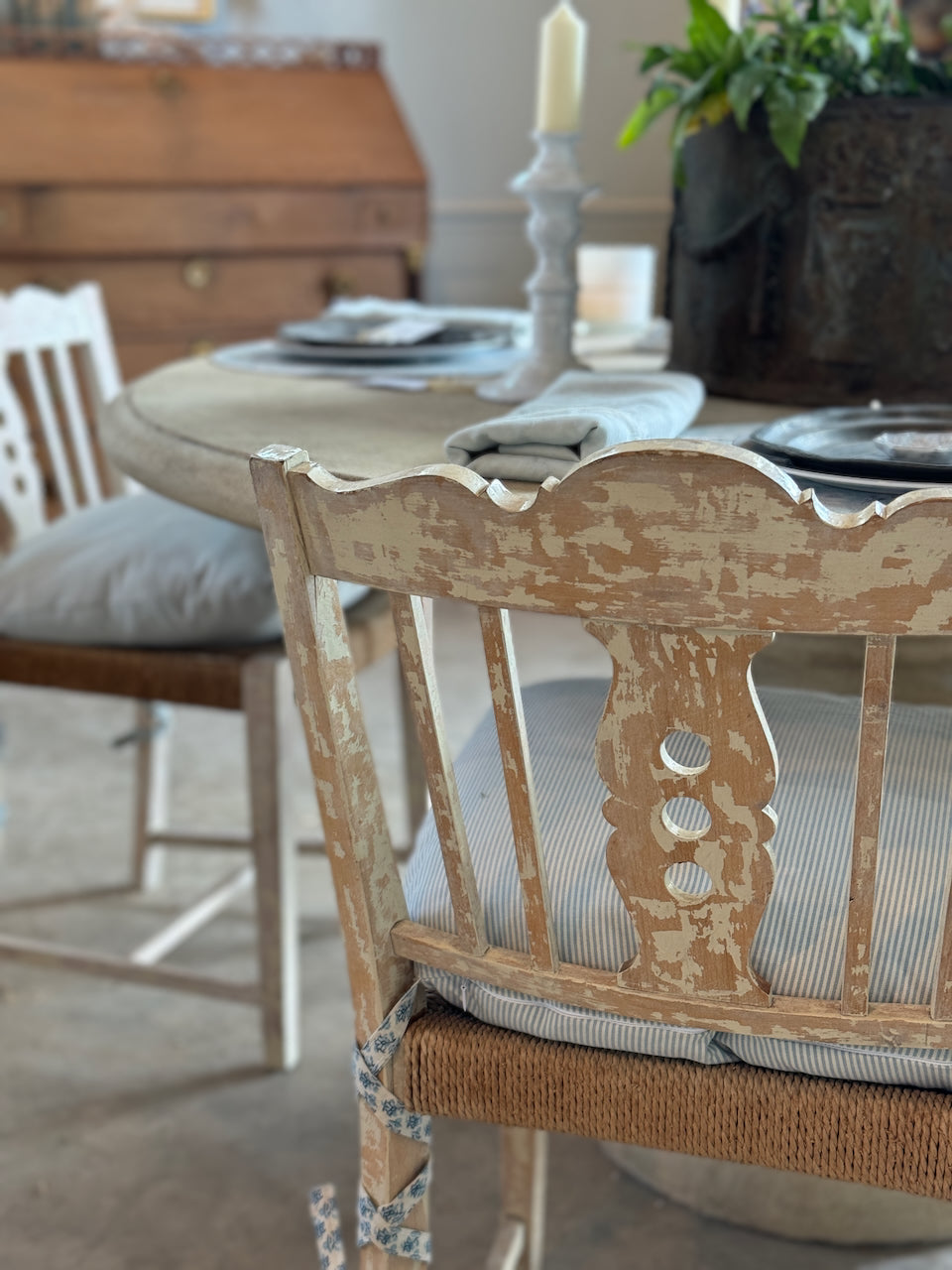 Chaises suédoises à assise en jonc, lot de 4, vintage, années 1950