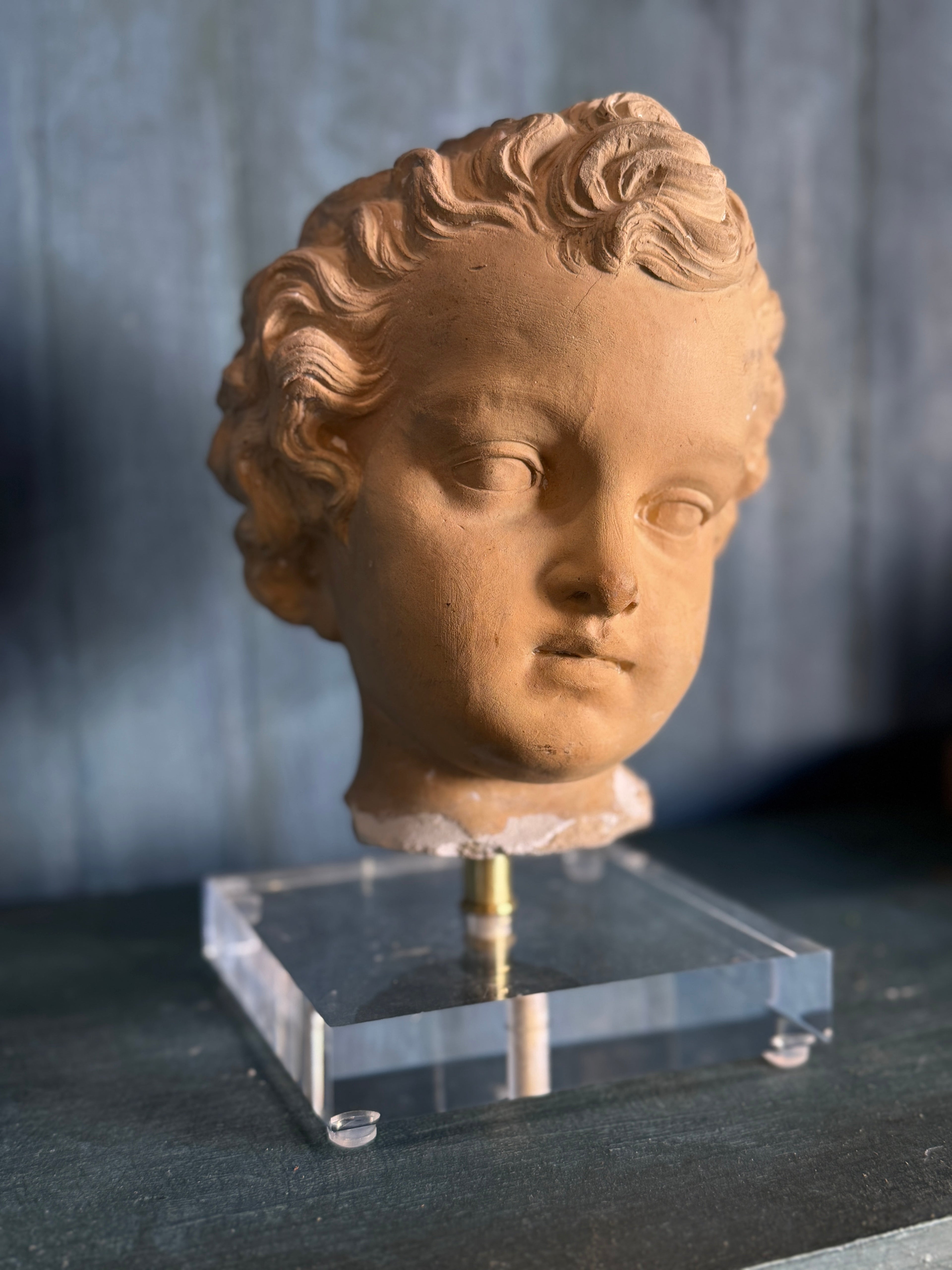 Fragment de buste antique en terre cuite française monté sur socle en acrylique