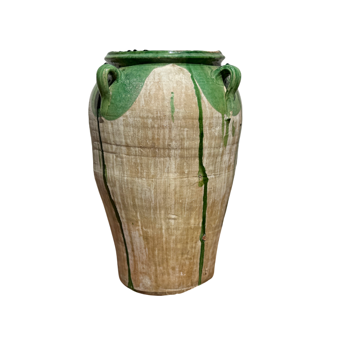Grand pot à huile d'olive espagnol vintage avec glaçure verte distinctive 