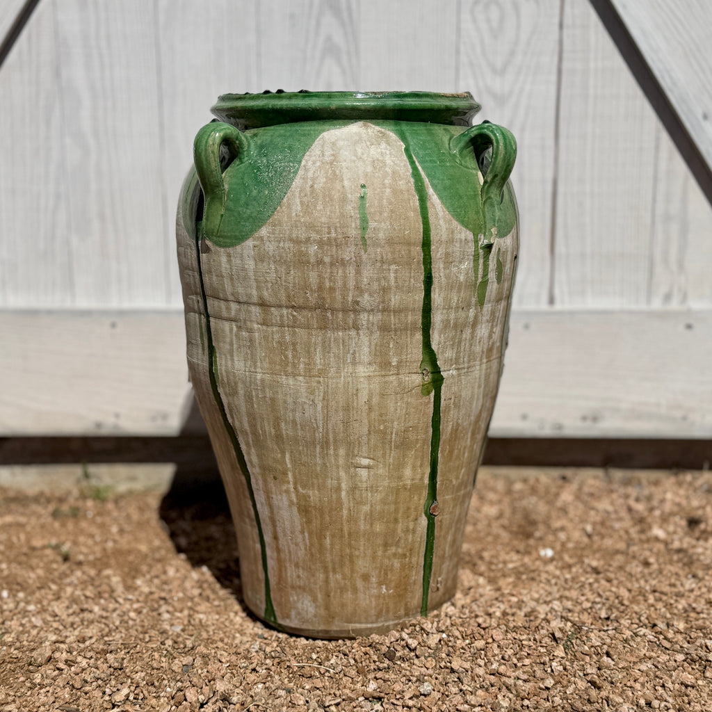 Grand pot à huile d'olive espagnol vintage avec glaçure verte distinctive 