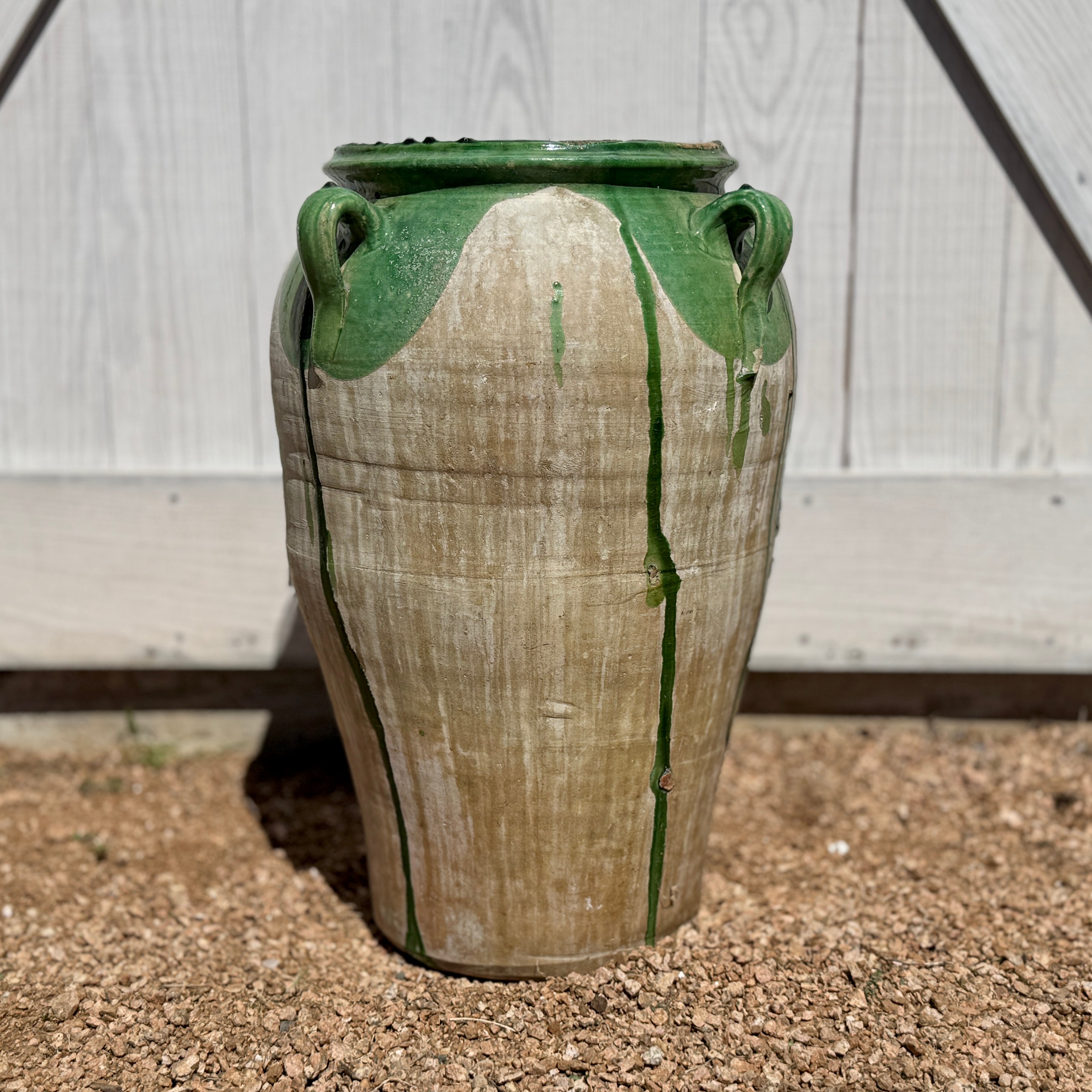 Grand pot à huile d'olive espagnol vintage avec glaçure verte distinctive 