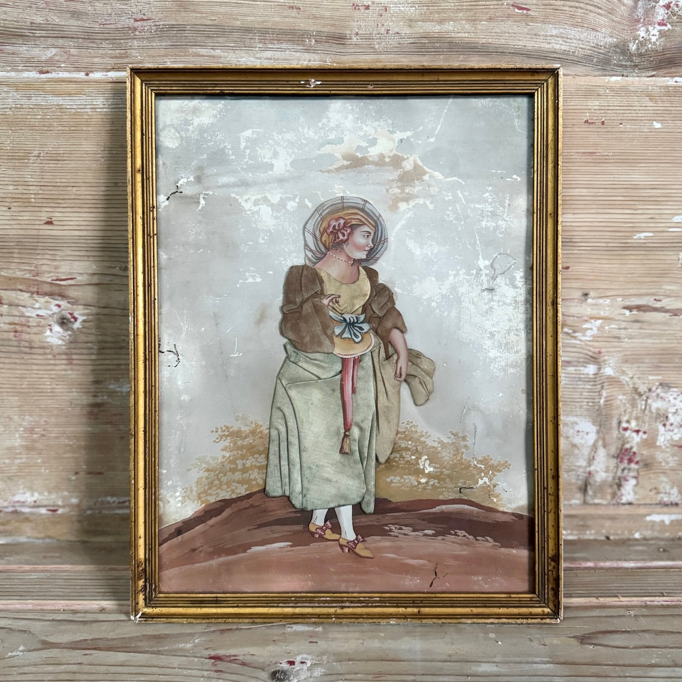 Paire de peintures à l'huile françaises du XVIIIe siècle avec figures en appliques textiles
