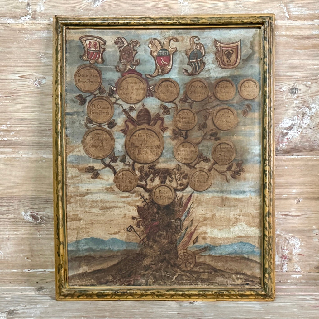 Paire d'arbres généalogiques peints à la main avec armoiries du XVIIIe siècle