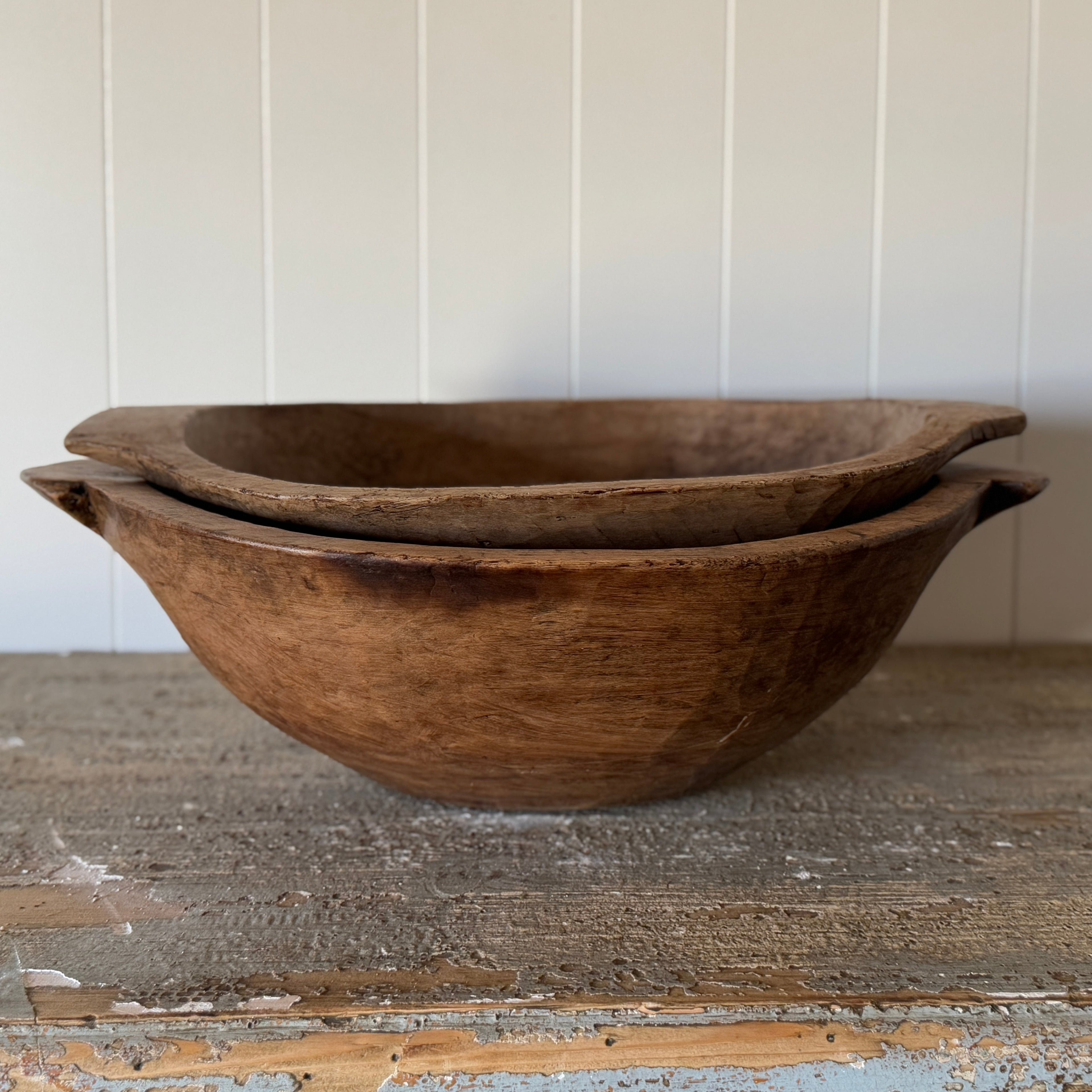 Bol à pâte en bois français antique avec poignées