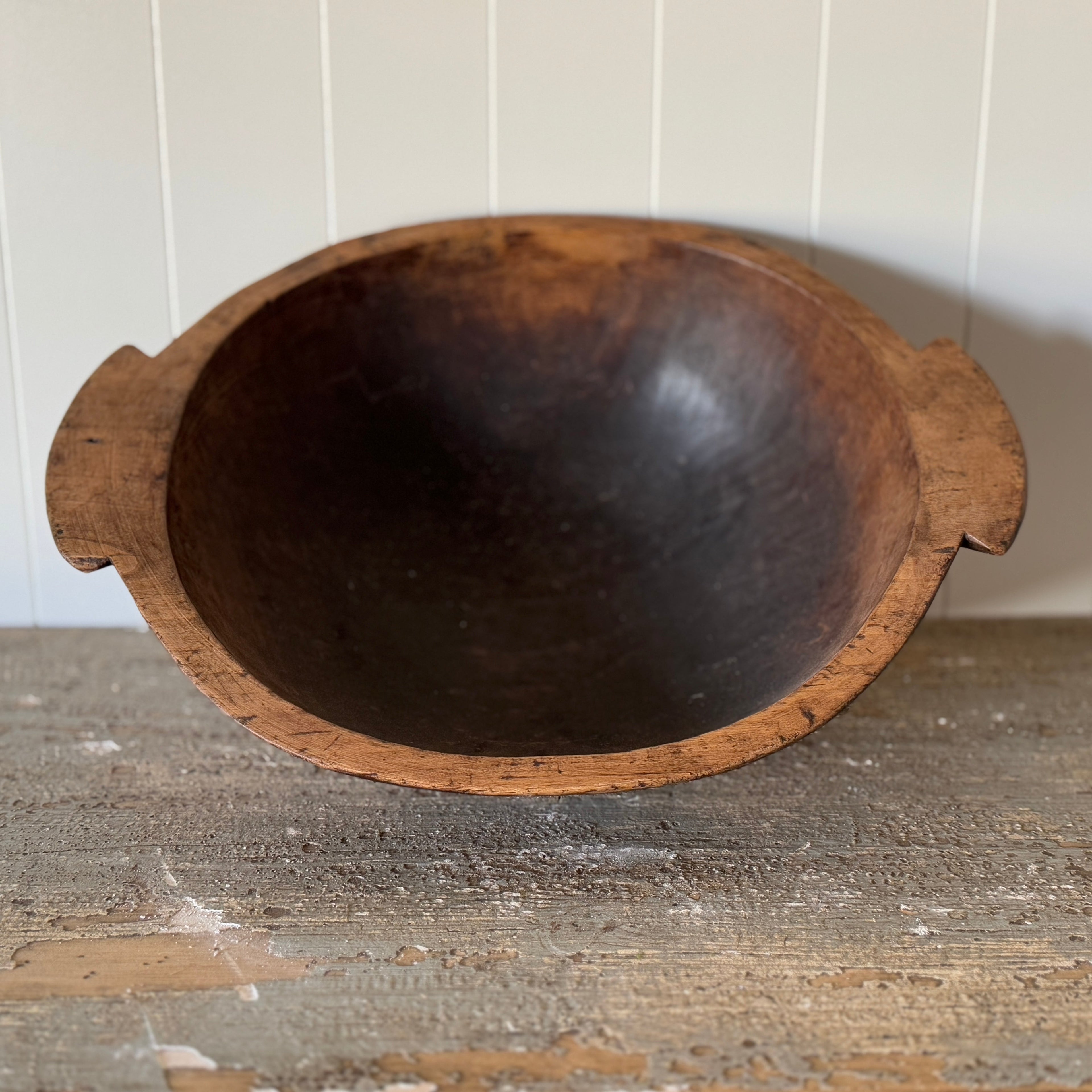 Bol à pâte en bois français antique avec poignées