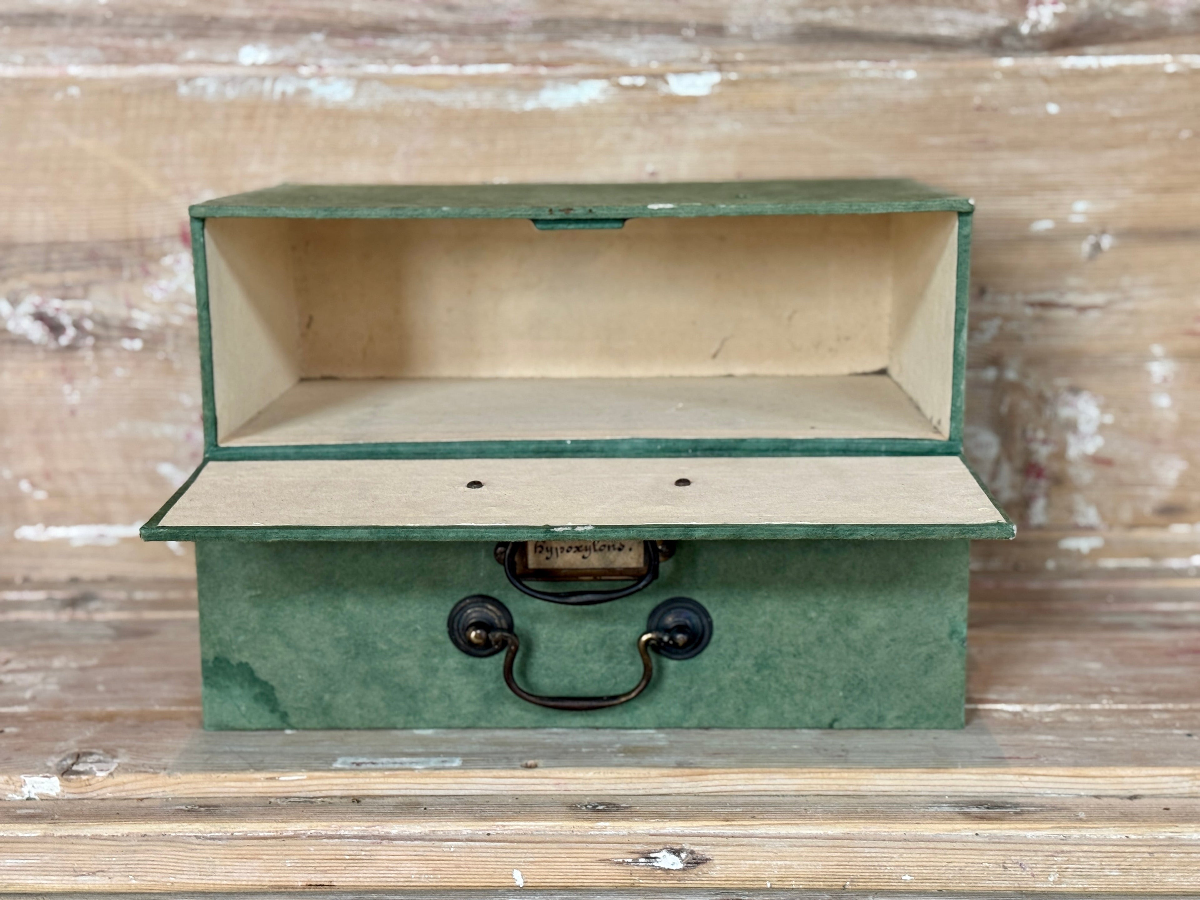 Boîte à documents verte vintage française avec poignée en laiton
