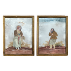 Paire de peintures à l'huile françaises du XVIIIe siècle avec figures en appliques textiles
