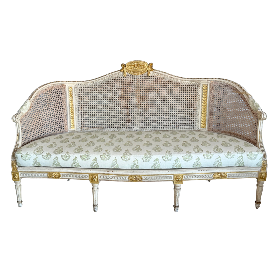 Banc canné belge vers 1850 avec coussin en tissu neuf de créateur