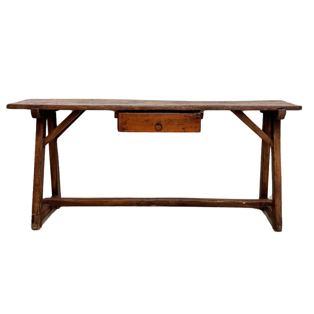 Table de travail en noyer avec tiroir, style primitif italien du XIXe siècle