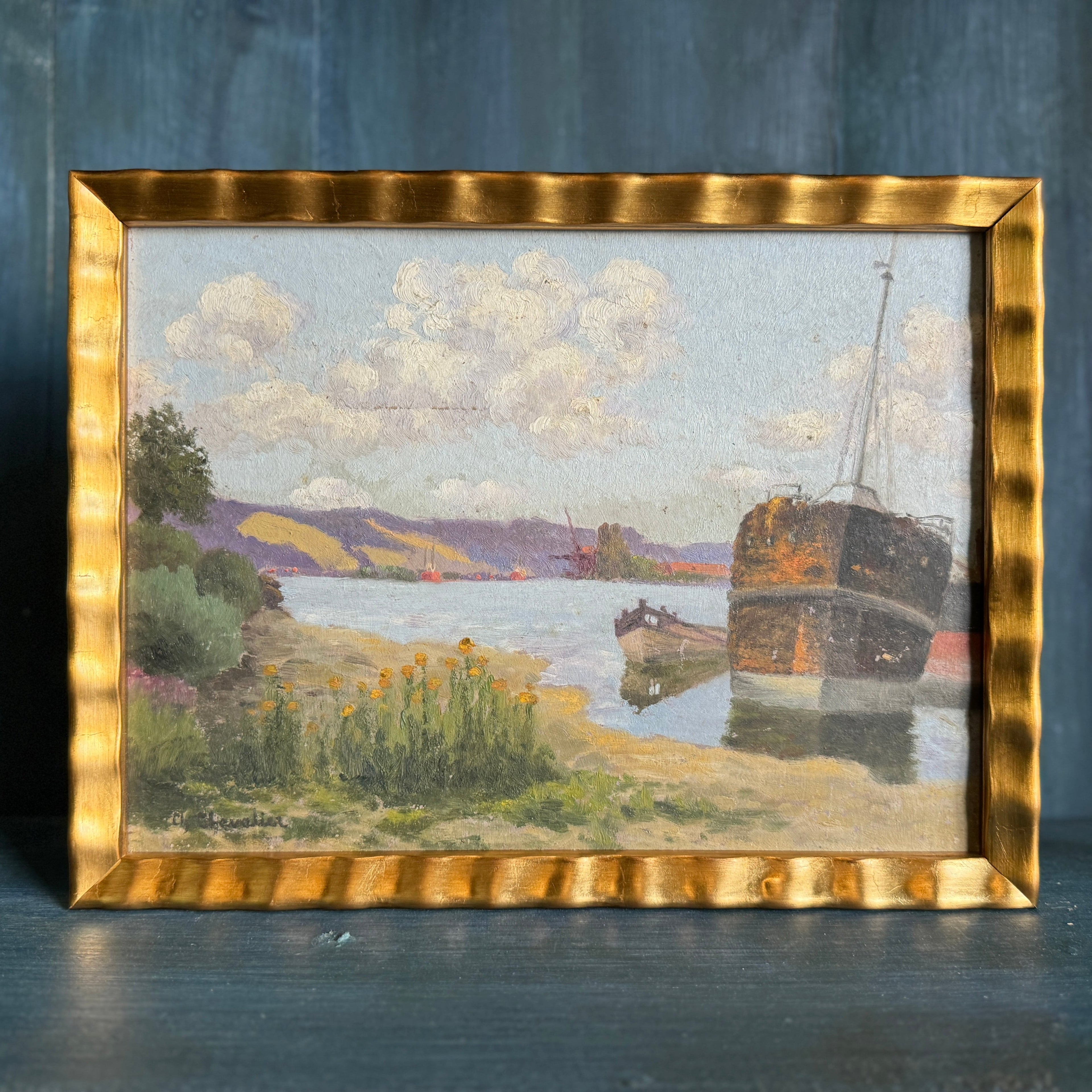 Peinture de paysage de bateau antique 11H x 14,25L