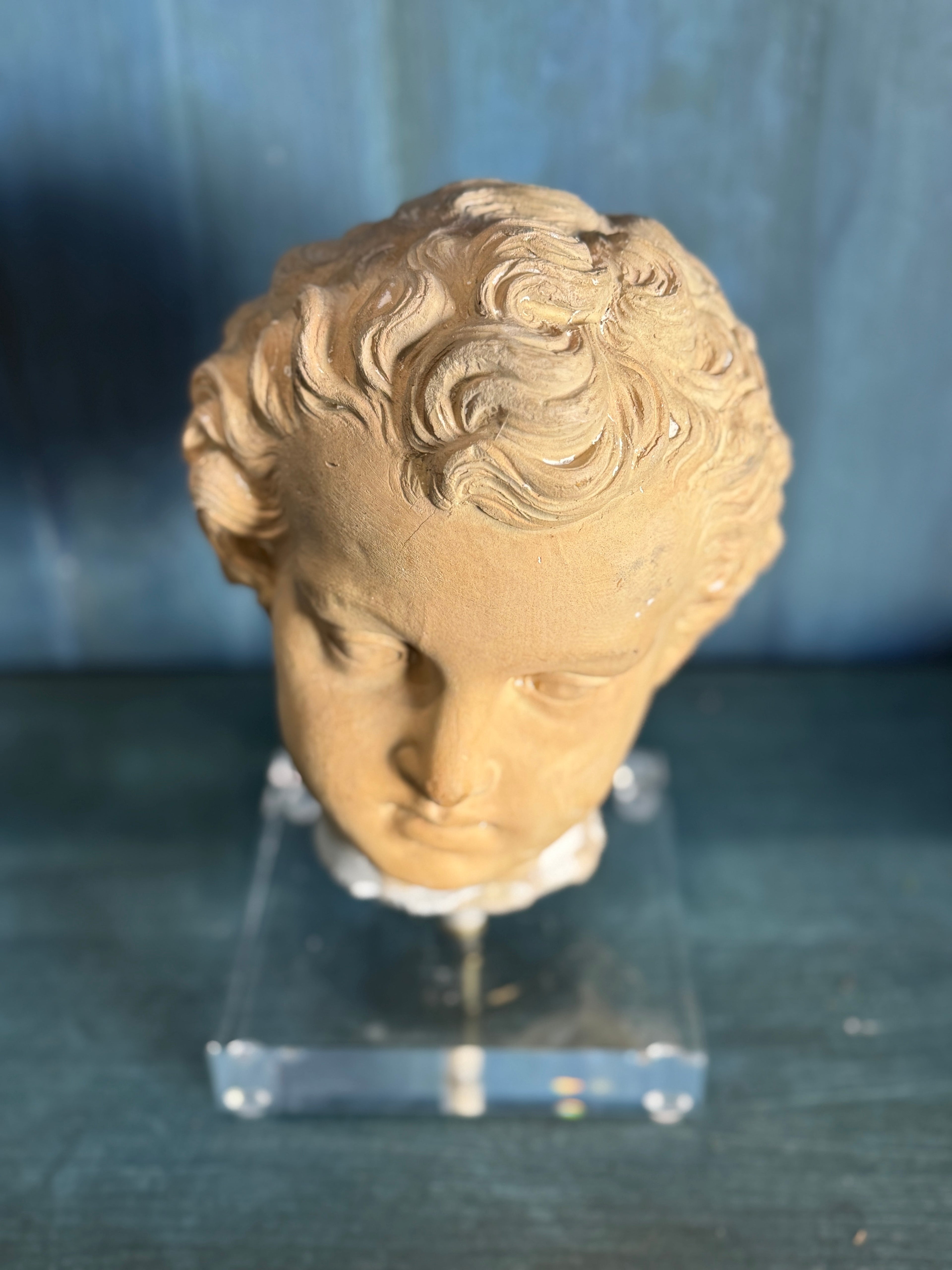 Fragment de buste antique en terre cuite française monté sur socle en acrylique