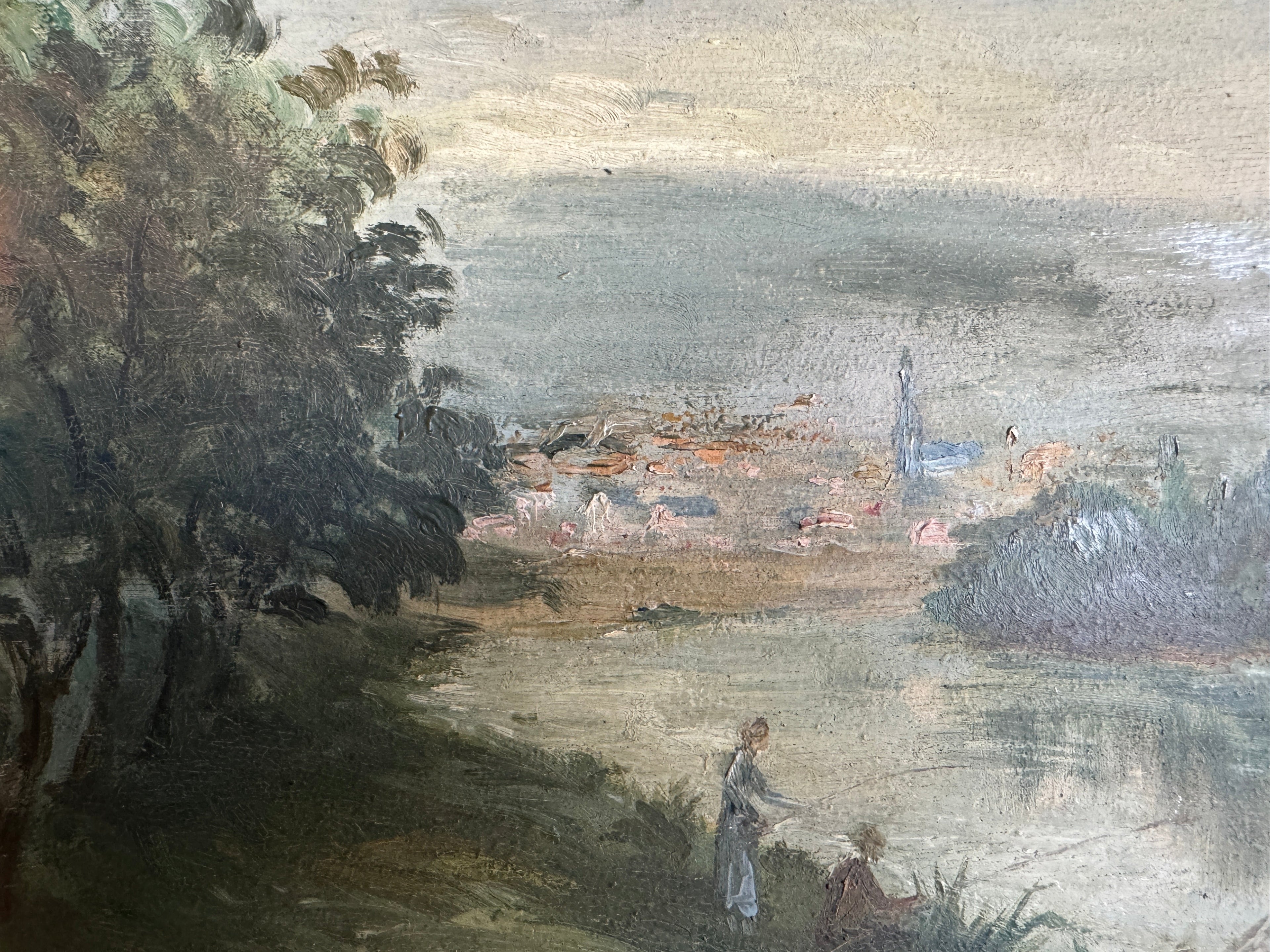 Peinture de paysage de pêche antique 9,75 H x 12 L